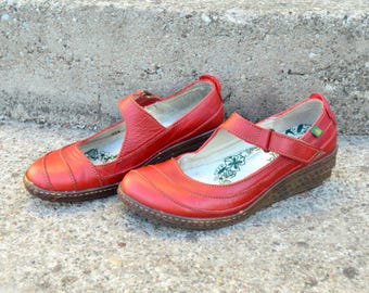 Zapatos de piel marrón rojizo para mujer El Naturalista, puntera ancha, cómodos, planos, elegantes, estilo vintage, con cuña, estilo hipster, boho grunge, talla 36 eur