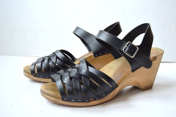 Sandalias trenzadas de cuero vintage zapatos de madera Negro | Etsy México