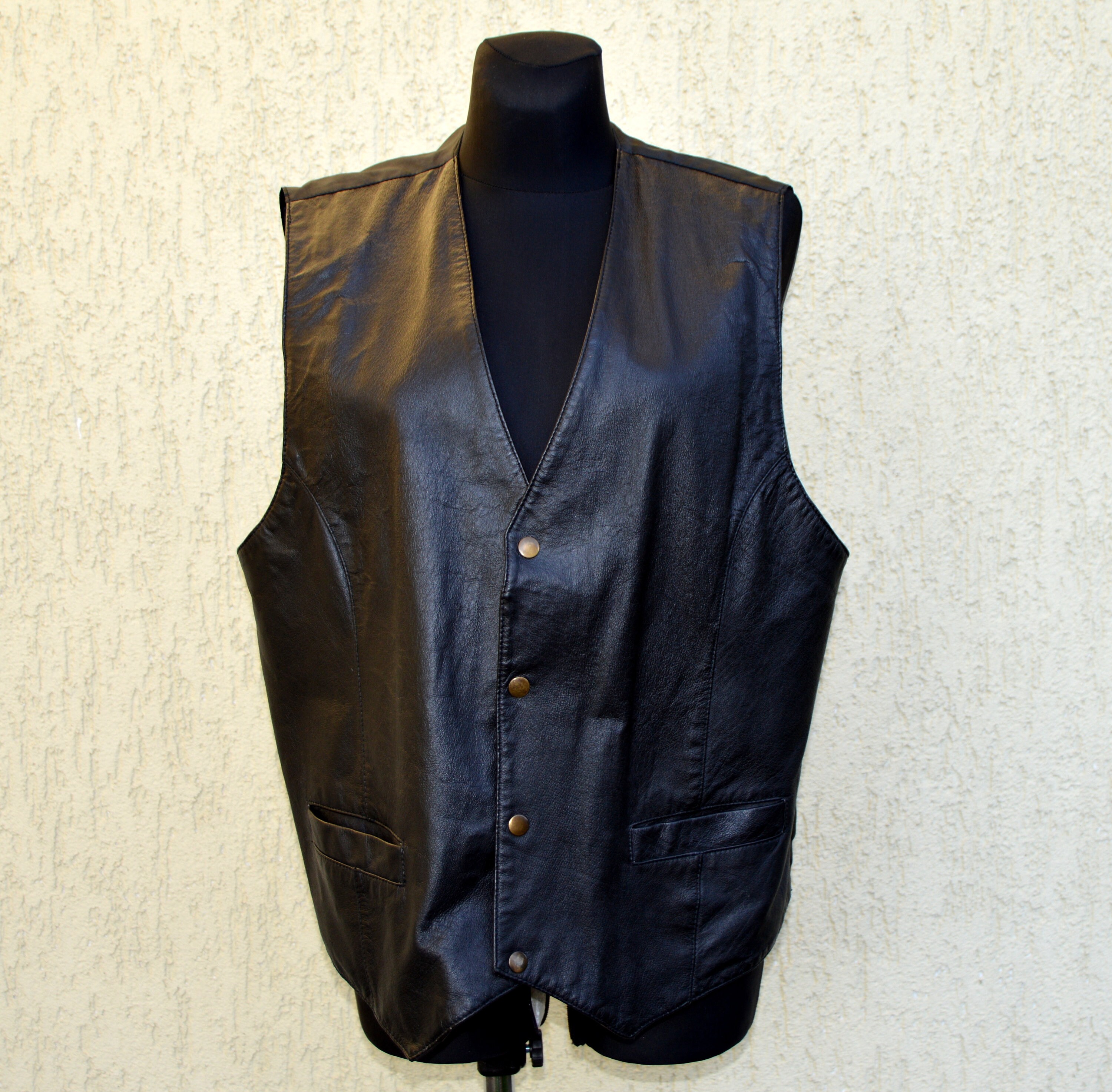 Vintage Black Leather Men's Vest Vintage 90s Outdoor Leather Waistcoat Western Vest with Pockets Motorcycle Waistcoat Rocky Clothing Large