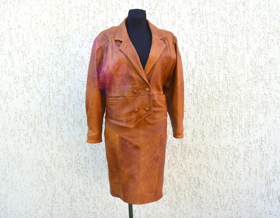 Vintage Leather Skirt and Jacket Set 80s Suit Rea… - image 2