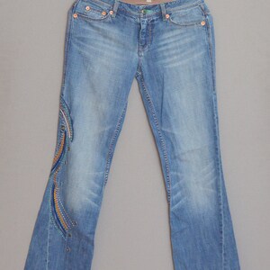 Armani Jeans Vintage Armani Austausch Hüfthose Bootcut Jeans sexy Hipster Jeans Hose Blau Bestickte Washed Damen Hose Größe 2