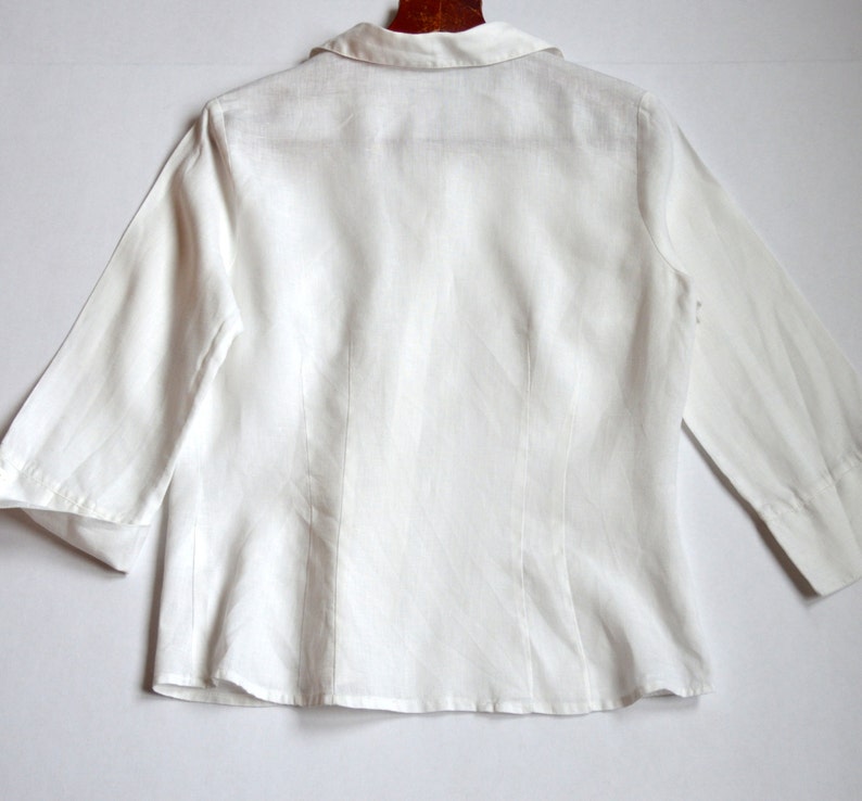 White Linen Blouse Button Up Shirt Boho Top blouse Linen white blouse Casual Folk Style 34 Long Sleeve Top Medium Size