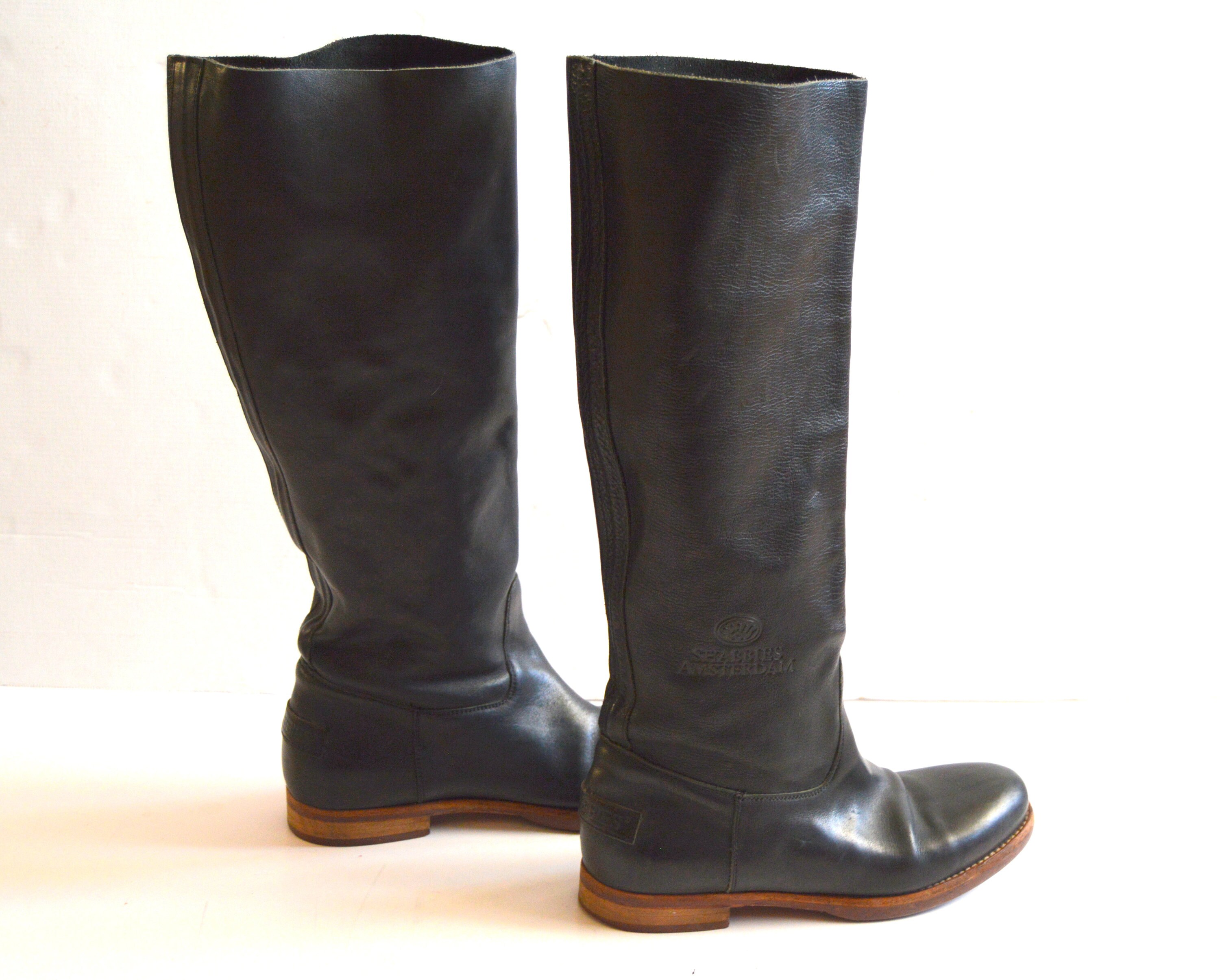 Vintage Shabbies Amsterdam Boots Genuine Leather Boots Black Women Knee Height Cowboy Boots Roper Style Boots Size EUR 39