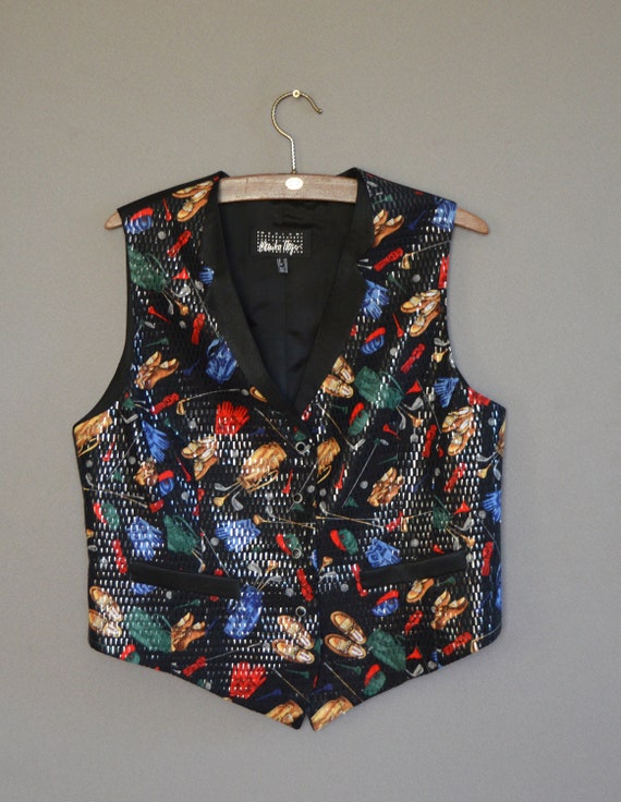 Vintage Colorful Black Red Green Waistcoat Crazy … - image 3