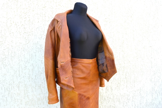 Vintage Leather Skirt and Jacket Set 80s Suit Rea… - image 1