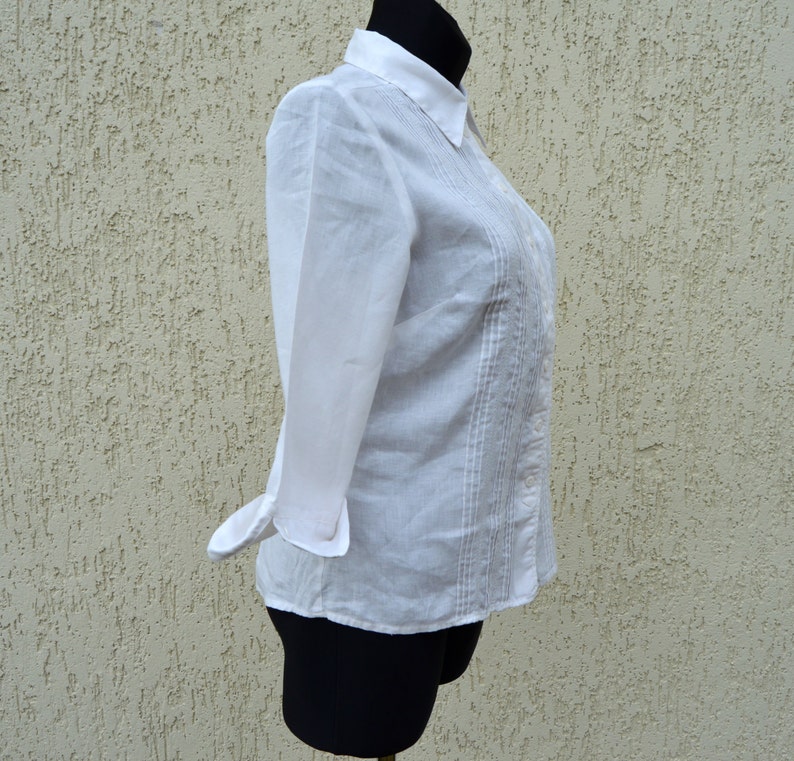 White Linen Blouse Button Up Shirt Boho Top blouse Linen white blouse Casual Folk Style 34 Long Sleeve Top Medium Size