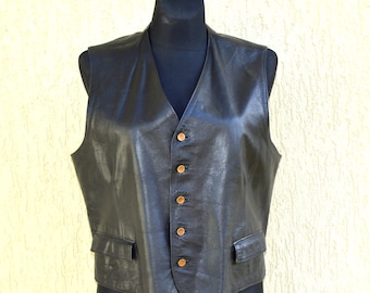 Vintage Black Leather Vest Real Leather Waistcoat Boho Hippie Vest Black Womens Mens Leather Biker Waistcoat Classic Soft Leather Vest
