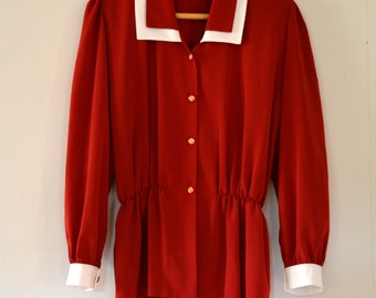 Vintage 80s Red Long Sleeve Button Down Blouse Minimal Chic Button Up Shirt Long Sleeve Womens Shirt Oversize Blouse