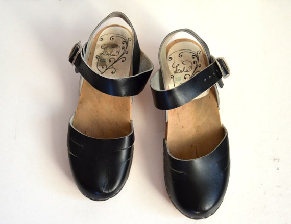 Vintage swedish clogs wooden shoes Black Leather … - image 4