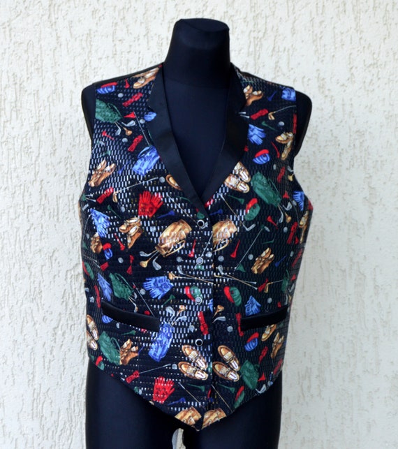 Vintage Colorful Black Red Green Waistcoat Crazy … - image 1