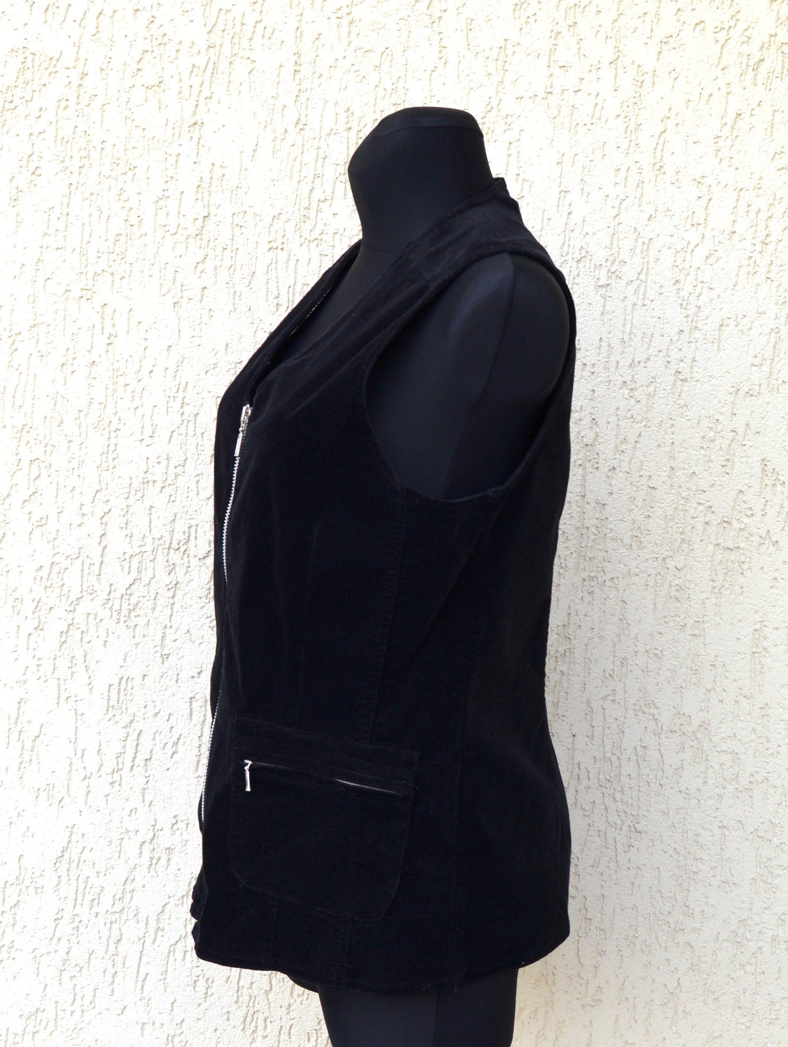 Black Velvet Vest Womens Velveteen long vest Tunic Zip up Etsy