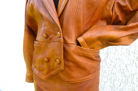 Vintage Leather Skirt and Jacket Set 80s Suit Rea… - image 4