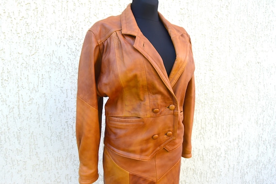 Vintage Leather Skirt and Jacket Set 80s Suit Rea… - image 5