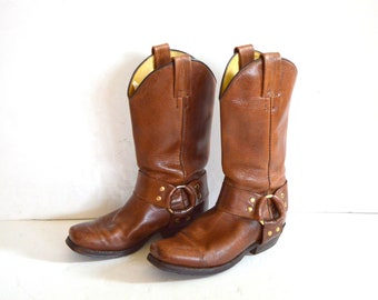 Vintage Tony Mora Cowboy Boots Motorcycle Boots Brown Leather Western Boots Roper Style Boots size women US 6 mens US 5 Eur 36 UK 4