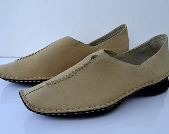 Vintage Hogl mockaskor Mockaskor Beige läderskor med fyrkantig tå Dam Loafers i läder med platta sula Storlek UK 5, US 7,5, EUR 38