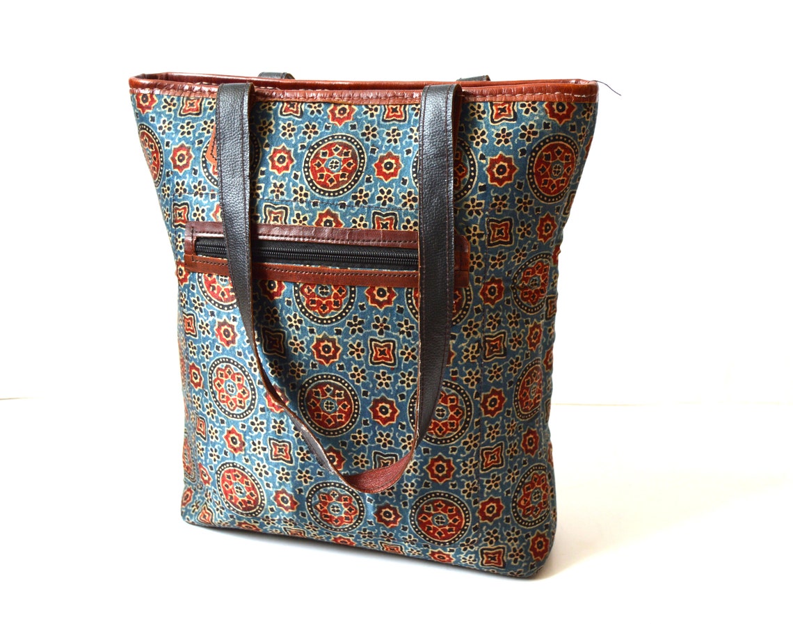 Vintage Leather and Fabric Bag Top Handle Fabindia Bag Indian - Etsy