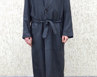 Vintage zwarte echt leren maxi jas leren trenchcoat uniseks leren jas knoop maxi echt leren jas grijze stofdoekjas
