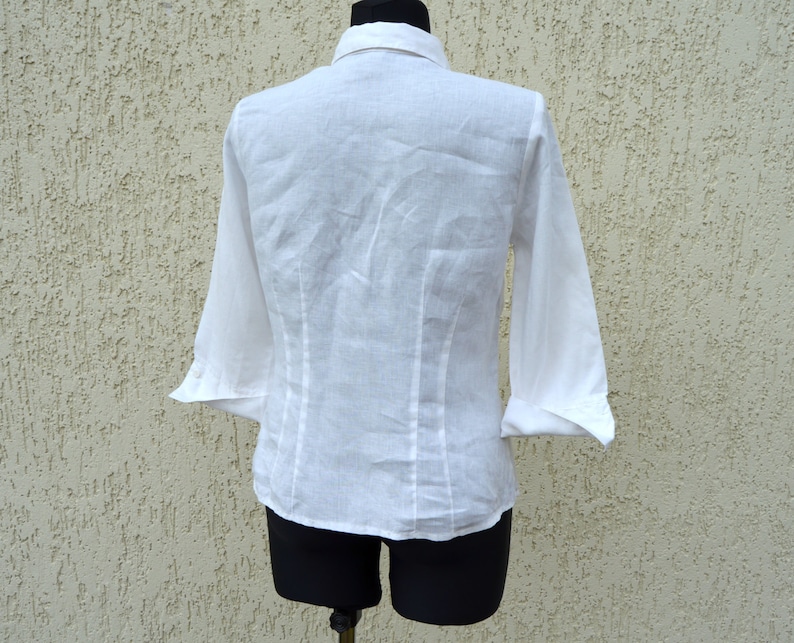 White Linen Blouse Button Up Shirt Boho Top blouse Linen white blouse Casual Folk Style 34 Long Sleeve Top Medium Size