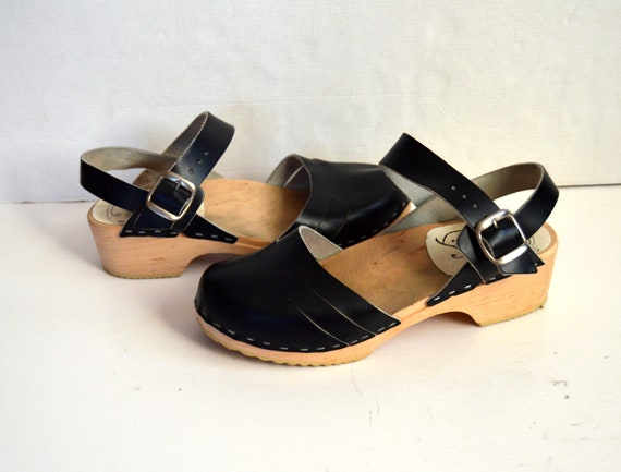 Vintage swedish clogs wooden shoes Black Leather … - image 2
