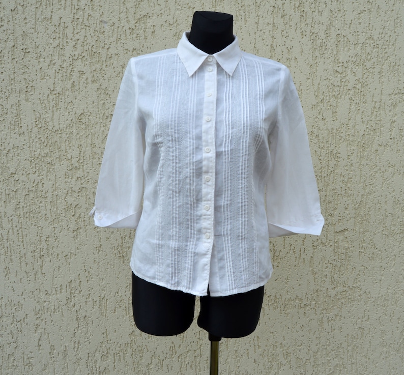 White Linen Blouse Button Up Shirt Boho Top blouse Linen white blouse Casual Folk Style 34 Long Sleeve Top Medium Size