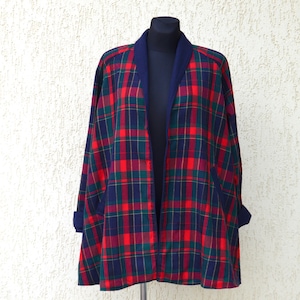 Cape Coat Vintage Multicolored Avoca Cape checked pattern Wool Cape Coat Fall Jacket Poncho Cape Blue Red pancho Cardigan Overcoat Oversized