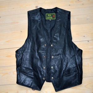 Black Leather Vest Motorcycle leather Gilet Waistcoat Moto biker vest Button Down Men&#39;s Vest Vintage Country Western Vest Large Size