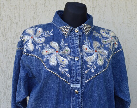 Vintage 80's Denim Dress Jazzino Western Denim Emb