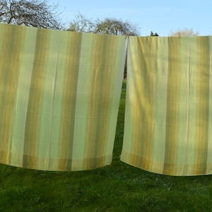 Vintage Scandinavian woven curtains Retro sheer curtains Set of two yellow brown stripped pattern curtains from 70s  size 145 cm x 218 cm