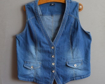 Vintage Blue Denim Vest Crop Denim Top Gipsy Style Waistcoat Sleeveless Jacket Fitted Rocker Country Vest Romantic Classic Style Large Size