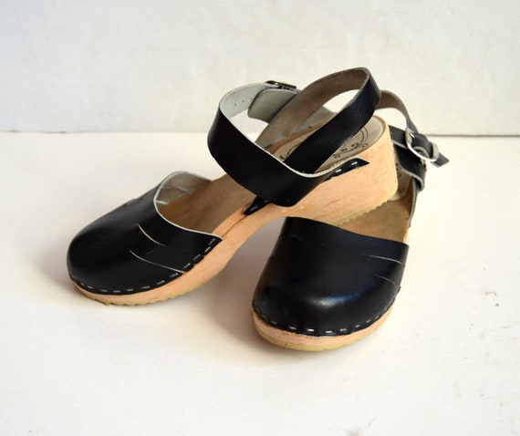 Vintage swedish clogs wooden shoes Black Leather … - image 6