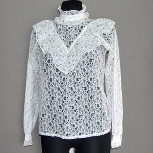 Vintage Lace Blouse 80s Victorian White High Neck Boho Blouse Ruffle Blouse button up shirt ruffle Edwardian chic blouse