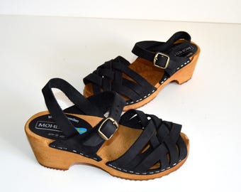 Sandalias trenzadas de cuero vintage, zuecos abiertos con tiras en el tobillo, zapatos Moheda de madera, zapatos de cuero suecos negros de tacón alto, talla EUR 35, EE. UU. 4,5, Reino Unido 2,5