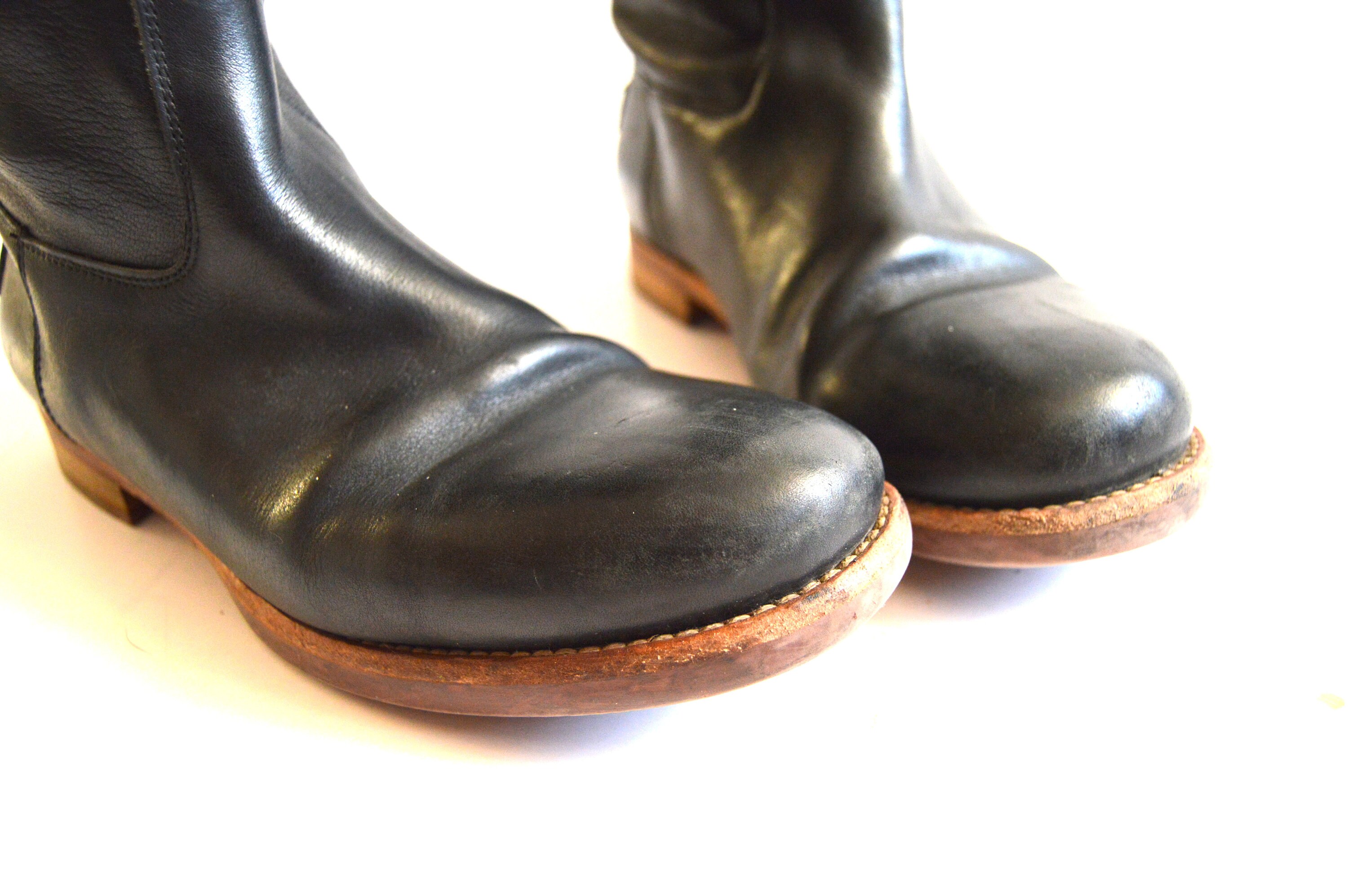 Vintage Shabbies Amsterdam Boots Genuine Leather Boots Black Women Knee Height Cowboy Boots Roper Style Boots Size EUR 39