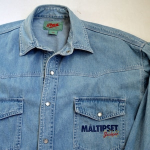 Camicia di jeans blu, camicia abbottonata di jeans vintage, camicia a vita bassa, giacca di jeans boyfriend retrò, camicia unisex in stile Boho vintage western