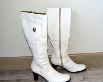Botas blancas vintage de cuero color marfil y blanco, botas de tacón alto hasta la rodilla, botas de tacón alto LOTTUSSE 1877, hechas en Suiza, talla de mujer: Reino Unido 5