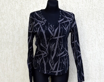 MARIMEKKO Top Black Gray Abstract Print Shirt Mika Piirainen Printed Top Blouse Long Sleeves Top Cotton Shirt  Medium Large Size