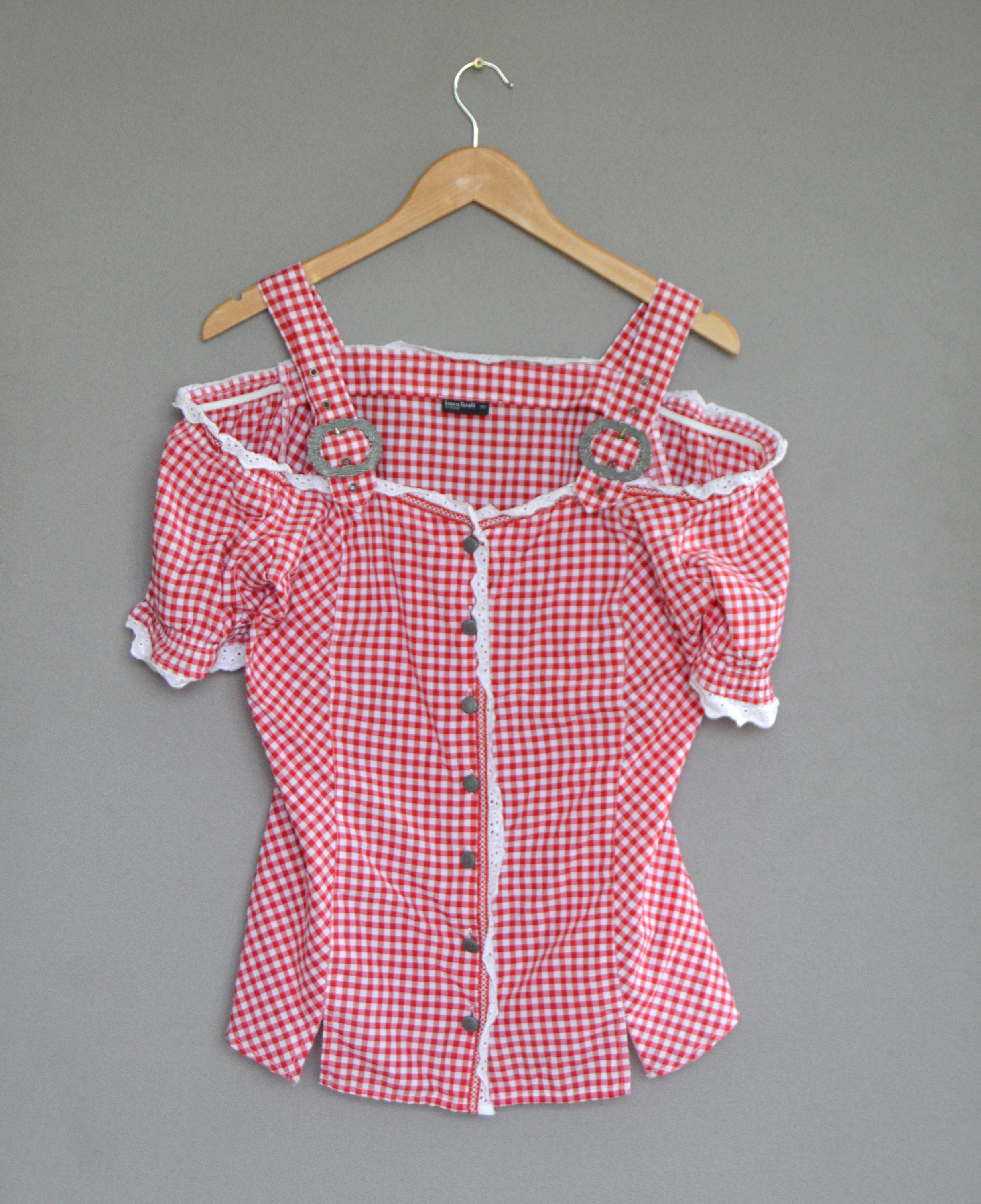 Ruffle Dirndl Blouse Gingham Button up Blouse Vintage Red White 
