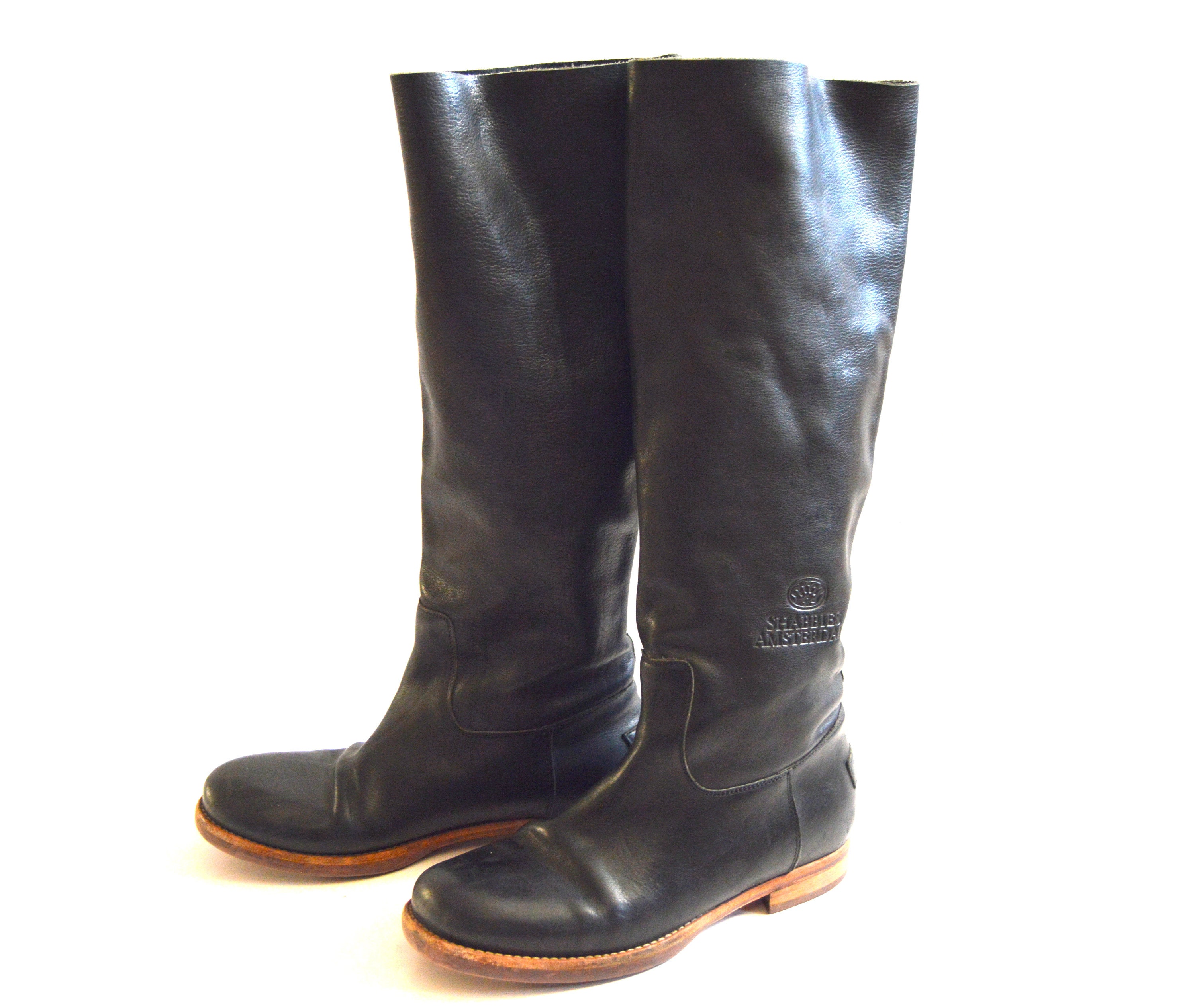 Vintage Shabbies Amsterdam Boots Genuine Leather Boots Black Women Knee Height Cowboy Boots Roper Style Boots Size EUR 39