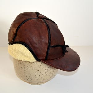 Vintage Lather Nor cap Winter Hat Leather Flat Cap Ear Flap Cap Genuine Leather Aviator Trapper Hat Country Hiking Walking Hat Size 55