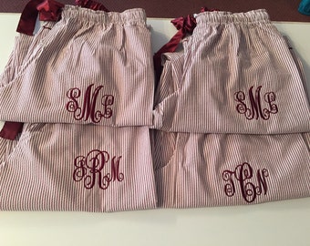 4 or 5 Pairs of Monogrammed Seersucker Pajama pants - Perfect for Bridesmaid Gifts!