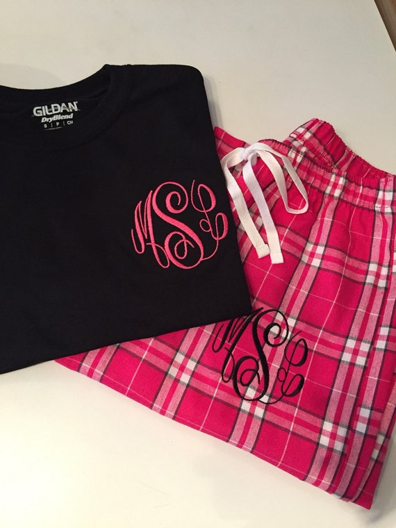 Matching Set Monogrammed Hot Pink Plaid Pajama Pants With Short Sleeve  Tshirt Junior Sizes Available Comfy 