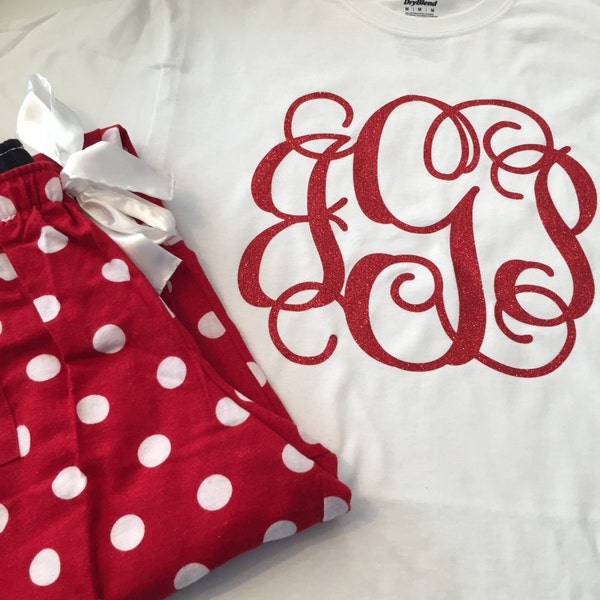 Matching Set - Monogrammed Polka Dot Pajama Pants with matching Short Sleeve Tshirt!