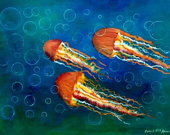 Jellyfish “Sea Nettles” original art painting Acrylic  8" x 10" Gallery Wrapped Standard Depth Canvas Art by Cat5