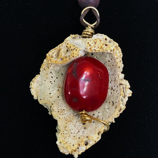 Natural Seashell Pendant Necklace sterling Silver Wrapped Red Sponge Coral Intentional Jewelry Art by Cat5