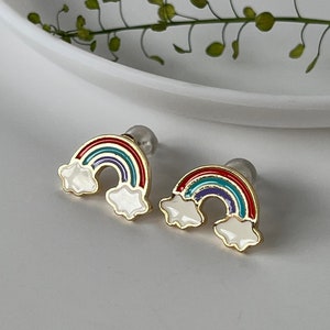 Kawaii Rainbow Earrings - Cute Rainbow and Cloud Earring - Small Stud Earrings - Lucky Earring Studs - Earring Gift