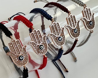 Evil Eye Hamsa Hand Macrame Adjustable Bracelet - Fatima's Hand String Bracelet - Friendship Bracelets - Gift for Her