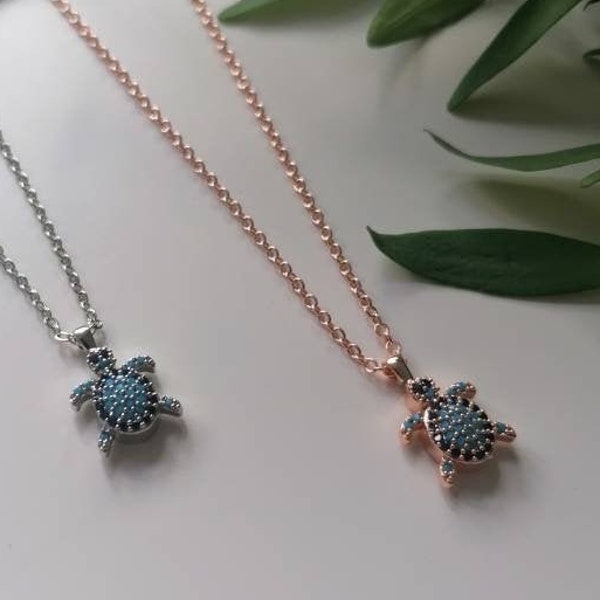 Turtle Necklace, Tortoise Necklace - Cute & Minimalist Necklace in Rose Gold or Silver with Turquoise and Blue Stones, Cute Gift Idea