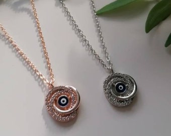 Swirl Evil Eye Necklace / Mal De Ojo Necklace / Nazar Jewellery / Rose Gold or Silver / Embedded with Cubic Zirconia Stones / Gift for Her