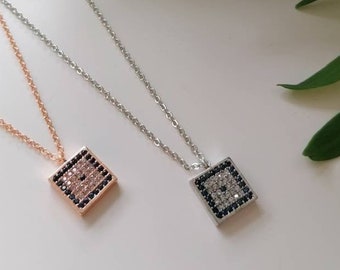 Square Nazar Evil Eye Necklace / Rose Gold or Silver / Embedded with Cubic Zirconia and Sapphire Stones / Gift for Her