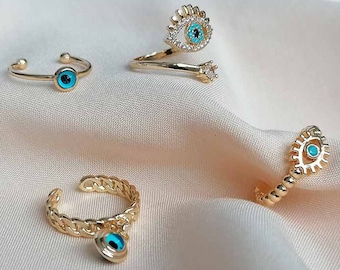 Evil Eye Ring / Evil Eye Beads Dangle Ring / Adjustable Evil Eye Rings in Gold / Gold Evil Eye Rings / Gift for Her